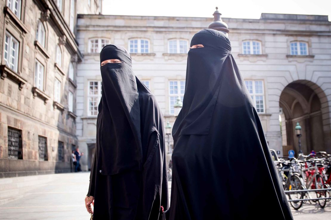 Women wearing niqab are pictured in front of the Danish Parliament in Copenhagen on Thursday.