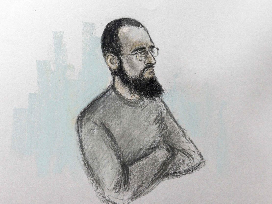 An artist's sketch shows Husnain Rashid during his trial. 