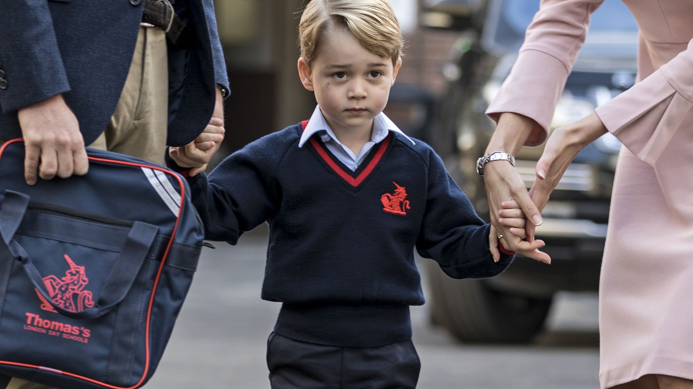 Prince George in 2017 on his first day of school, when life was simpler.
