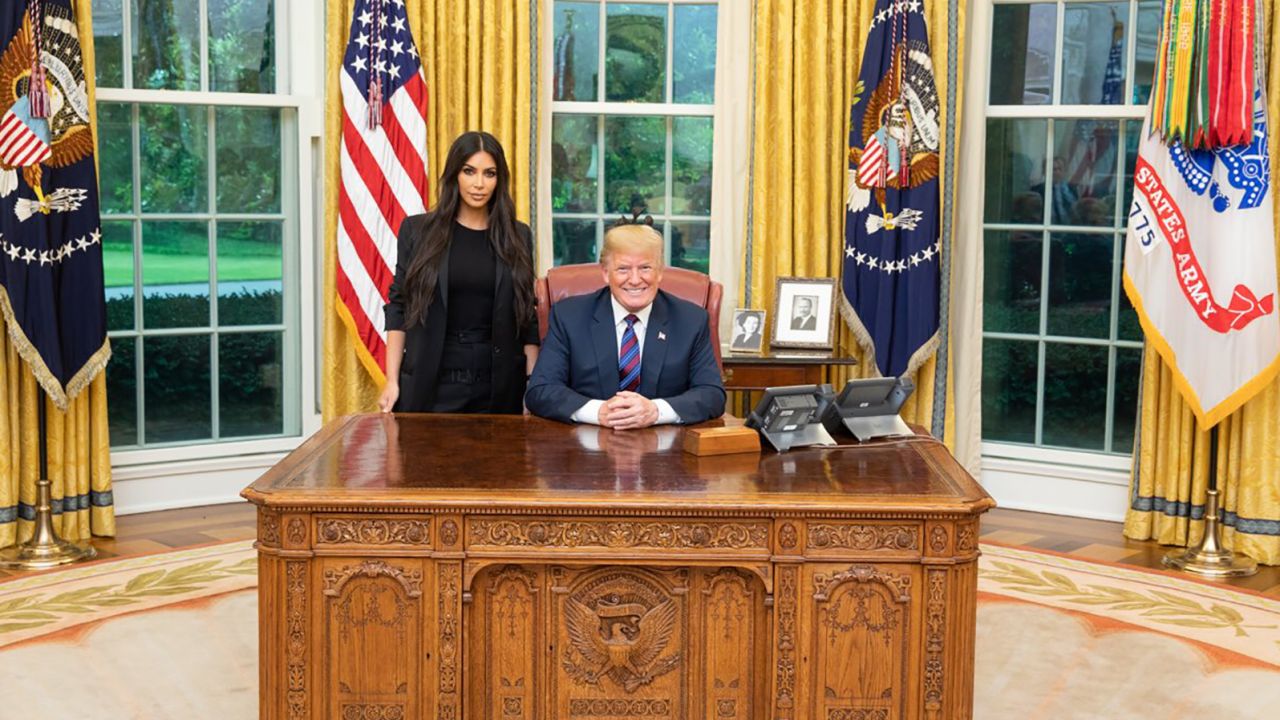 Kim Kardshian West poses for a photo with President Trump in May 2018.