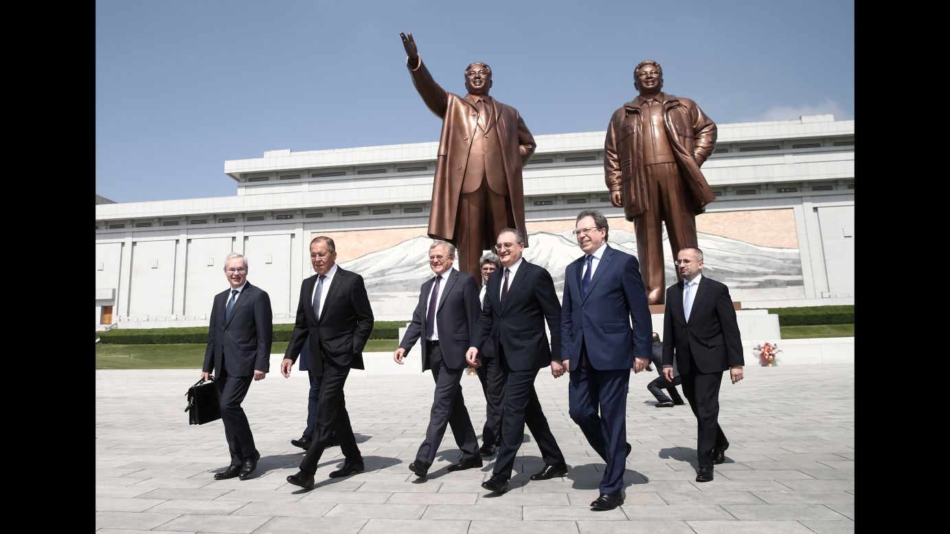 Russian Foreign Minister Sergei Lavrov, second from left, walks with members of a Russian delegation during an official visit to Pyongyang, North Korea, on Thursday, May 31. <a href="https://www.cnn.com/2018/05/31/asia/sergey-lavrov-north-korea-intl/index.html" target="_blank">Lavrov met with North Korean leader Kim Jong Un</a> and called for a phased lifting of sanctions, suggesting that North Korea's denuclearization would only be achievable if sanctions were scaled back.