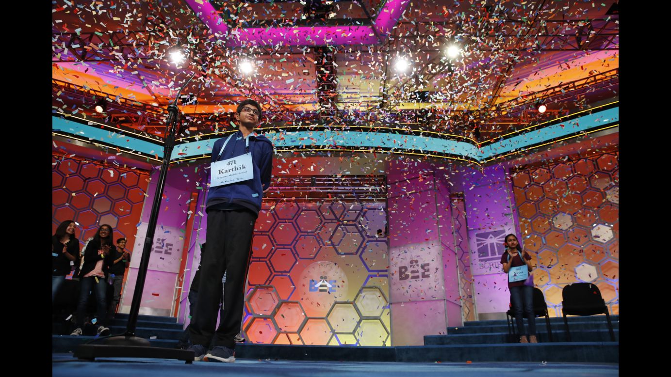Confetti falls on Karthik Nemmani, a 14-year-old from McKinney, Texas, <a href="https://www.cnn.com/2018/05/31/us/national-spelling-bee-winner/index.html" target="_blank">after he won the Scripps National Spelling Bee</a> on Thursday, May 31.