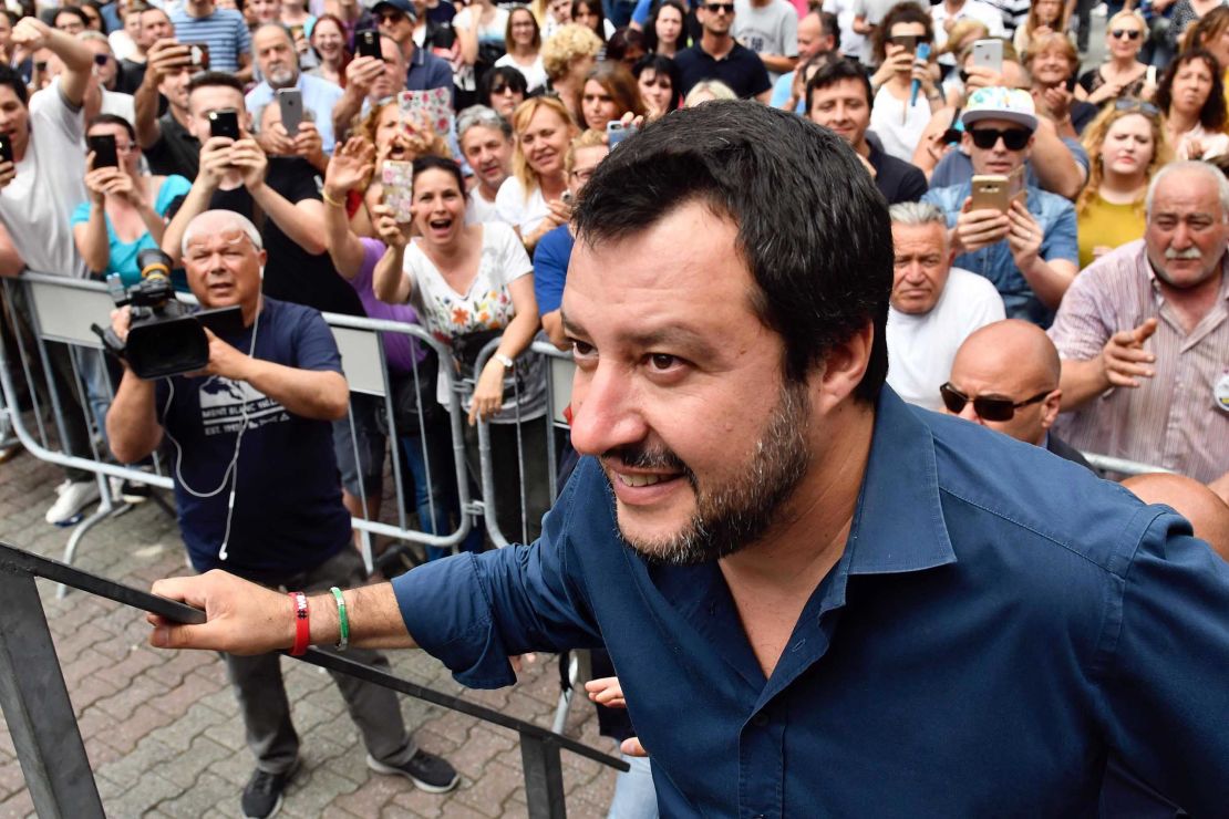 Matteo Salvini -- now Italy's Interior Minister -- walks on stage during a campaign rally in May.