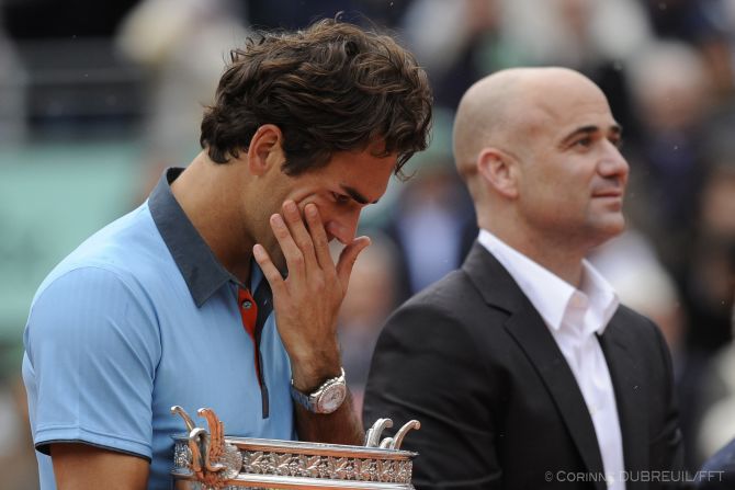 One of Dubreuil's favorite photos is of a tearful Roger Federer, as he held the trophy after winning his only French Open title. "I remember that final with Roger Federer against Robin Soderling," she recalls. "It was very emotional, it was raining and Andre Agassi was there to give him the trophy. I remember the picture of Roger, he was standing in the rain with the trophy and then, when the Swiss anthem was playing, he started to cry. He was like a kid."