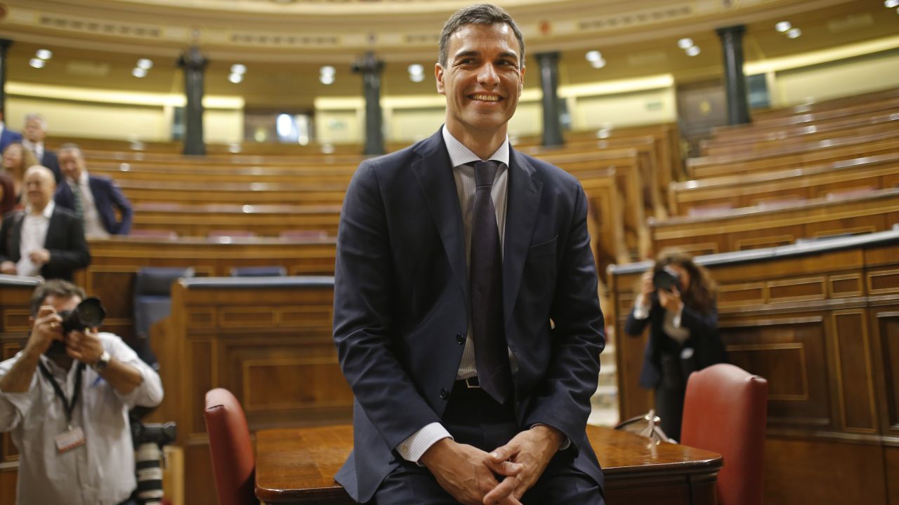 Pedro Sanchez poses in the parliament after the motion of no confidence vote Friday.