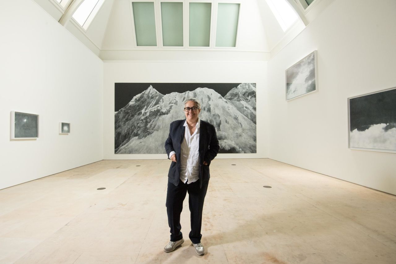 Artist Tacita Dean poses in front of her work "The Montafon Letter" (2017) at "Landscape," her new exhibition at the Royal Academy of Arts in London.