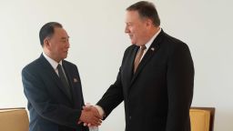 North Korea Vice-Chairman Kim Yong Chol shakes hands with United States Secretary of State Mike Pompeo on May 31, 2018 in New York. - US Secretary of State Mike Pompeo resumed talks in New York on Thursday with a top North Korean official as the pair work to salvage next month's nuclear summit between Donald Trump and Kim Jong Un, an AFP journalist on the scene said.Kim Yong Chol, considered the North Korean leader's right-hand man, is the most senior official from Pyongyang to visit the United States in 18 years. (Photo by Bryan R. Smith / AFP)        (Photo credit should read BRYAN R. SMITH/AFP/Getty Images)