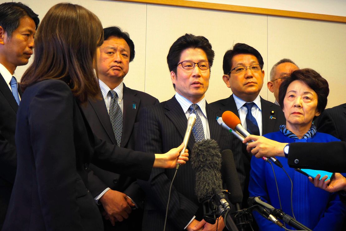 Takuya Yokota (middle), younger brother of Megumi Yokota, who was abducted by North Korea, speaks on April 30, 2018 in Narita, Chiba, Japan.
