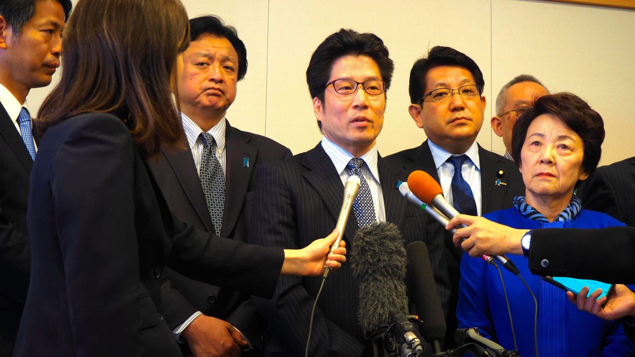 Takuya Yokota (middle), younger brother of Megumi Yokota, who was abducted by North Korea, speaks on April 30, 2018 in Narita, Chiba, Japan.