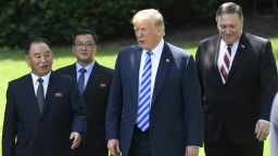 US President Donald Trump (C-R), flanked by US Secretary of State Mike Pompeo (R), walks with North Korean Kim Yong Chol (L) at the White House on June 1, 2018 in Washington,DC. - North Korean dictator Kim Jong Un's right-hand man met with Trump to deliver a letter from his leader that could pave the way to a historic nuclear summit in Singapore. (Photo by Saul LOEB / AFP)        (Photo credit should read SAUL LOEB/AFP/Getty Images)