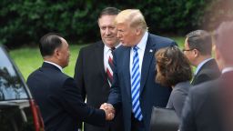 US President Donald Trump (C-R), flanked by US Secretary of State Mike Pompeo shakes hands with North Korean Kim Yong Chol (L) at the White House on June 1, 2018 in Washington,DC. - North Korean dictator Kim Jong Un's right-hand man met with Trump to deliver a letter from his leader that could pave the way to a historic nuclear summit in Singapore. (Photo by Saul LOEB / AFP)        (Photo credit should read SAUL LOEB/AFP/Getty Images)