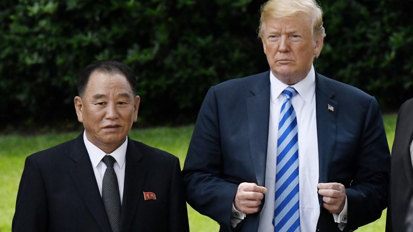 US President Donald Trump stands with Kim Yong Chol, former North Korean military intelligence chief and one of leader Kim Jong Un's closest aides, on the South Lawn of  the White House on June 1, 2018 in Washington, DC. (Olivier Douliery-Pool/Getty Images)