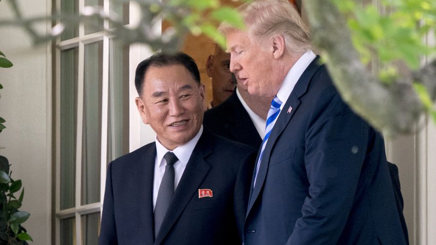 President Donald Trump talks with Kim Yong Chol, former North Korean military intelligence chief and one of leader Kim Jong Un's closest aides, as they walk from their meeting in the Oval Office of the White House in Washington, Friday, June 1, 2018. (AP/Andrew Harnik)
