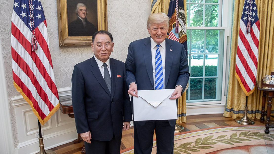 White House social media director Dan Scavino tweeted out this image last summer of North Korean envoy Kim Yong Chol handing a letter to US President Donald Trump that is said to be from North Korean leader Kim Jong Un.