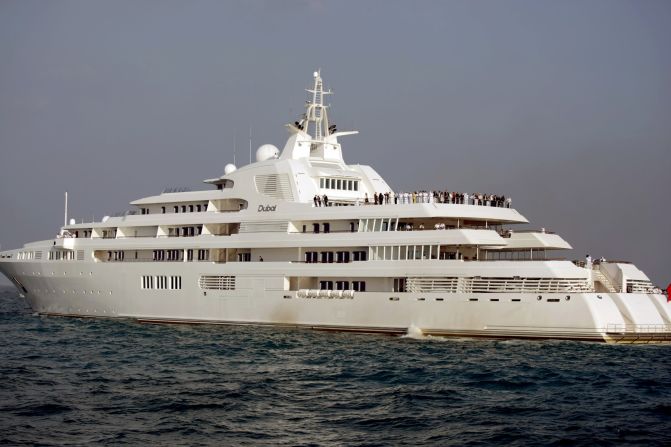 Giant yacht Dubai, owned by Dubai ruler Sheikh Mohammed bin Rashid Al Maktoum, was originally built for Prince Jefri Bolkiah of Brunei. <a href="index.php?page=&url=https%3A%2F%2Fweb.archive.org%2Fweb%2F20131224163749%2Fhttp%3A%2F%2Fwww.superyachts.com%2Fmotor-yacht-2611%2Fdubai.htm" target="_blank" target="_blank">The yacht boasts seven decks and enough space for 115 people including crew.  </a>