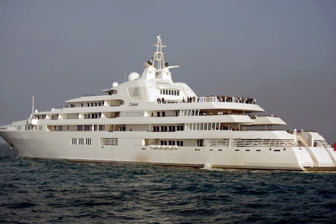 Giant yacht Dubai, owned by Dubai ruler Sheikh Mohammed bin Rashid Al Maktoum, was originally built for Prince Jefri Bolkiah of Brunei. <a href="index.php?page=&url=https%3A%2F%2Fweb.archive.org%2Fweb%2F20131224163749%2Fhttp%3A%2F%2Fwww.superyachts.com%2Fmotor-yacht-2611%2Fdubai.htm" target="_blank" target="_blank">The yacht boasts seven decks and enough space for 115 people including crew. </a>