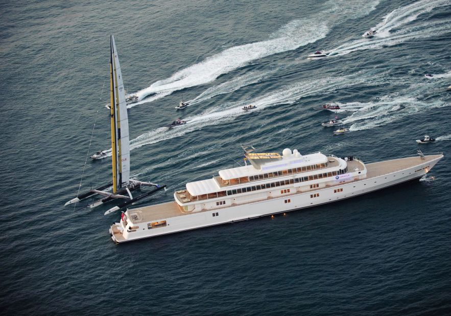 Rising Sun, previously owned by Oracle founder Larry Ellison, is seen during the 2010 America's Cup off  the coast of Valencia, Spain. The superyacht was sold to music industry mogul David Geffen for <a href="https://www.forbes.com/pictures/emeg45jmim/rising-sun-yacht/#6e9d92c7706f" target="_blank" target="_blank">a reported fee of $590 million</a> in 2010. 