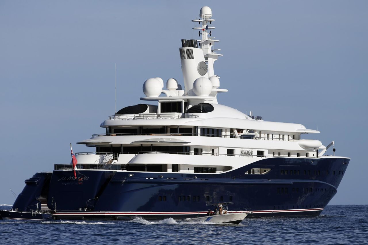 The 133-meter yacht Al Mirqab -- owned by Qatar's former prime minister Hamad Bin Jassim  Al Thani -- was built in 2008 and contains a movie theater, indoor swimming pool and helipad.  