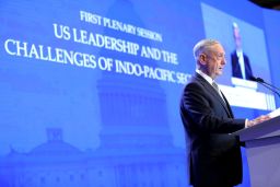 James Mattis, US Secretary of Defense, speaks during the IISS Shangri-La Dialogue Asia Security Summit in Singapore, on Saturday, June 2, 2018. Mattis?blasted Chinas deployment of military assets in the South China Sea, expanding the Trump administrations criticism of the country amid a continued dispute over trade. Photographer: Paul Miller/Bloomberg via Getty Images