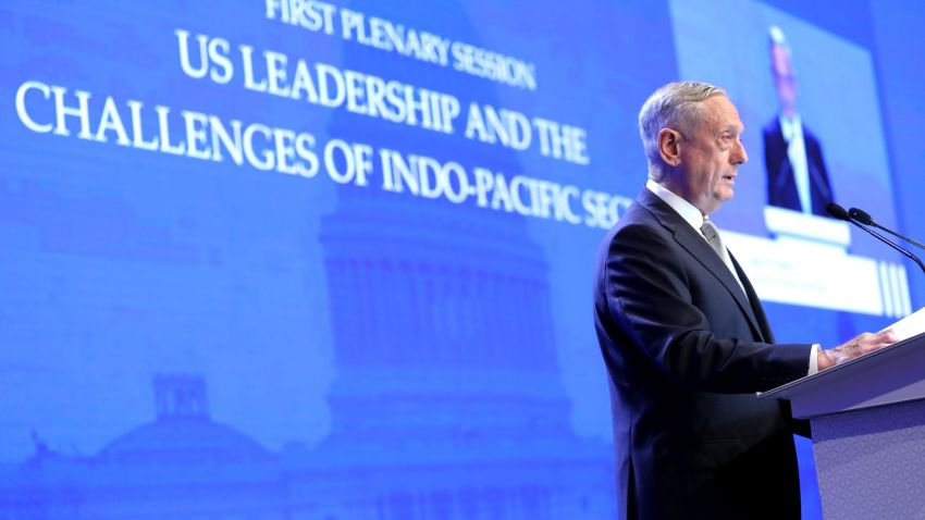 James Mattis, US Secretary of Defense, speaks during the IISS Shangri-La Dialogue Asia Security Summit in Singapore, on Saturday, June 2, 2018. Mattis blasted Chinas deployment of military assets in the South China Sea, expanding the Trump administrations criticism of the country amid a continued dispute over trade. Photographer: Paul Miller/Bloomberg via Getty Images