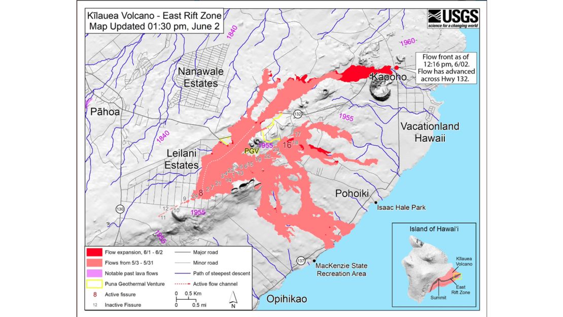 This map shows the lava flow as of Saturday afternoon.