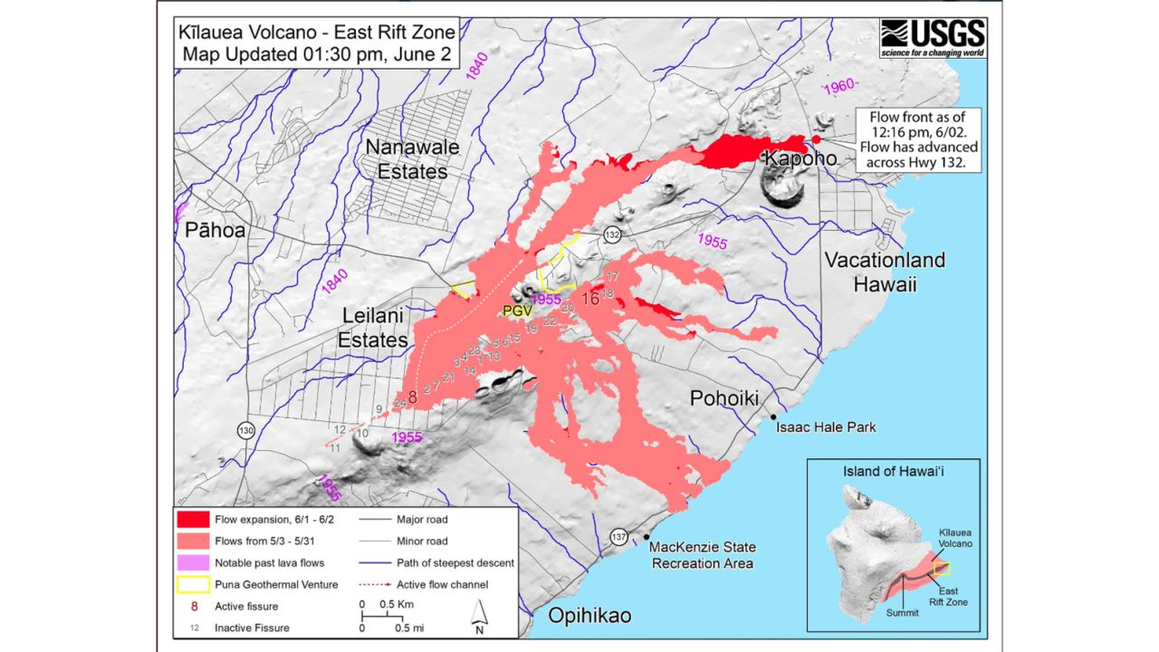 This map shows the lava flow as of Saturday afternoon.