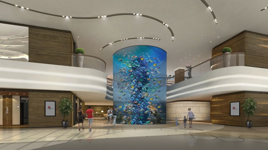 <strong>Ocean Park Marriott Hotel: </strong>The 471-room Marriott will feature a 16-meter-high cylindrical aquarium centerpiece in the hotel lobby and a range of themed rooms.