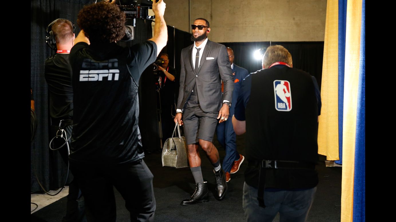 LeBron James of the Cleveland Cavaliers arrives for Game 1 of the 2018 NBA Finals on Thursday, May 31, in Oakland, California. 