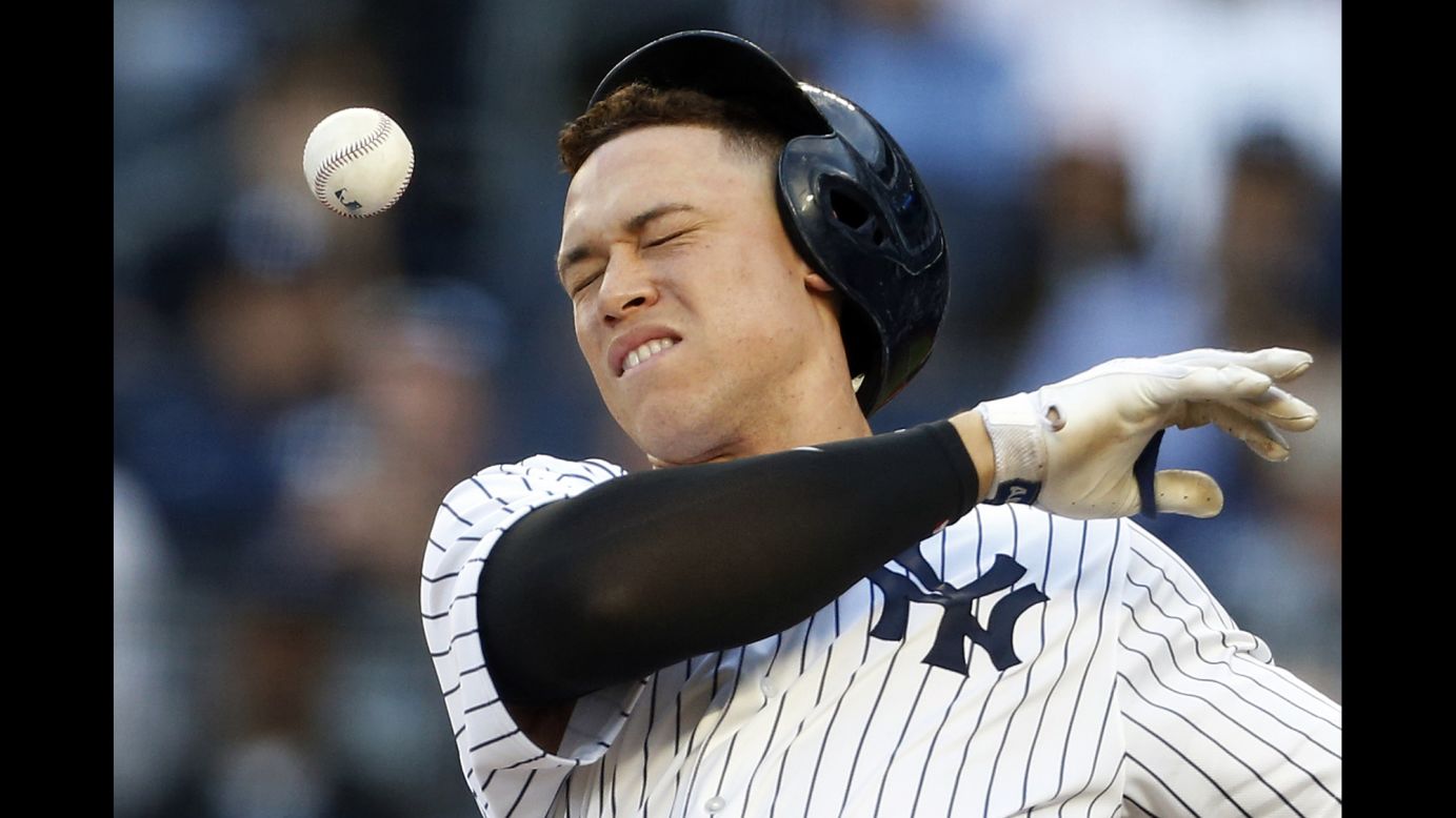Aaron Judge of the New York Yankees has his batting helmet knocked off by a foul ball during the third inning against the Houston Astros at Yankee Stadium on Wednesday, May 30, in New York City. 