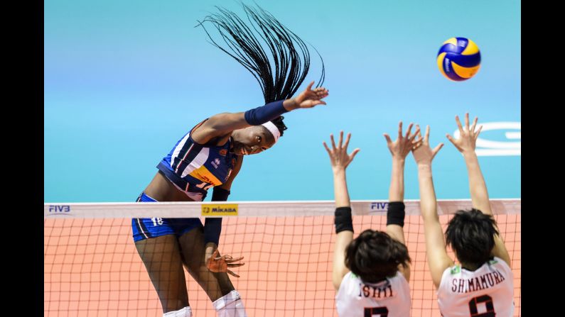 Paola Ogechi Egonu of Italy attacks during the FIVB Volleyball Nations League Hong Kong match between Japan and Italy on Tuesday, May 29, in Hong Kong. 