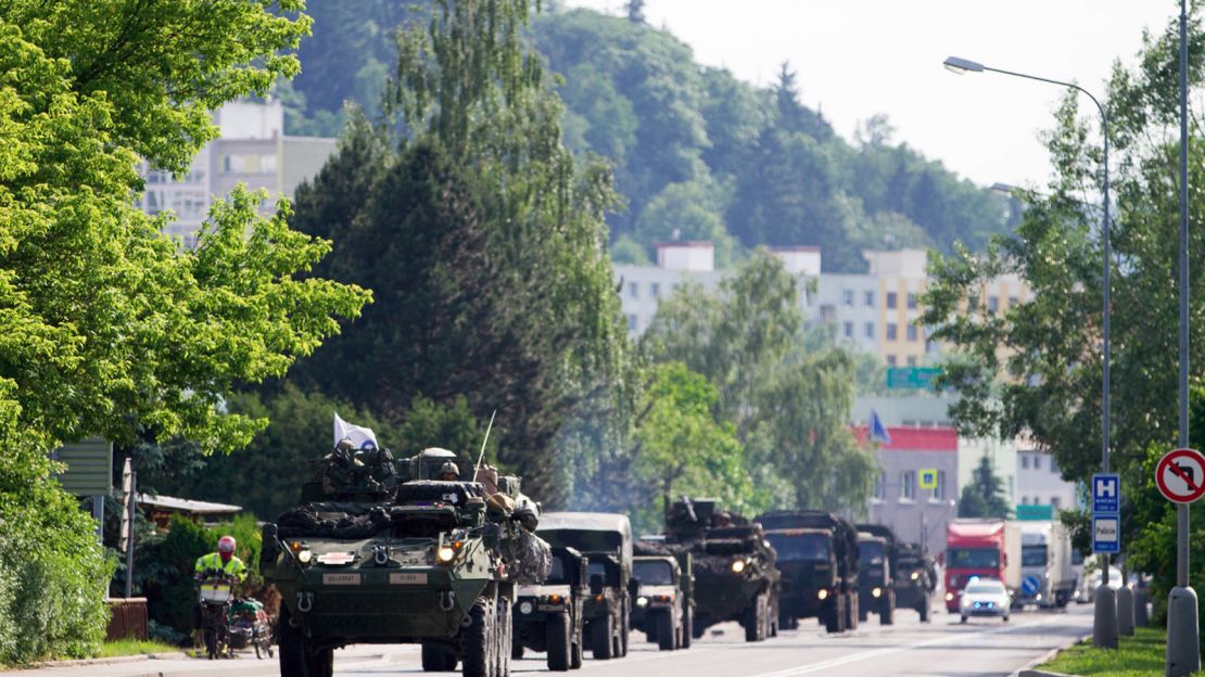 US Army Europe soldiers cross the Czech-Polish border during a Saber Strike 2018 exercise. 