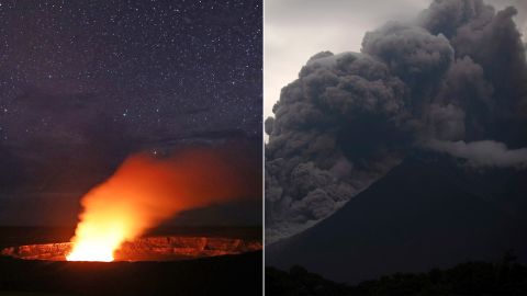 Kilauea's volcanic eruption, left, and Guatemala's Fuego eruption