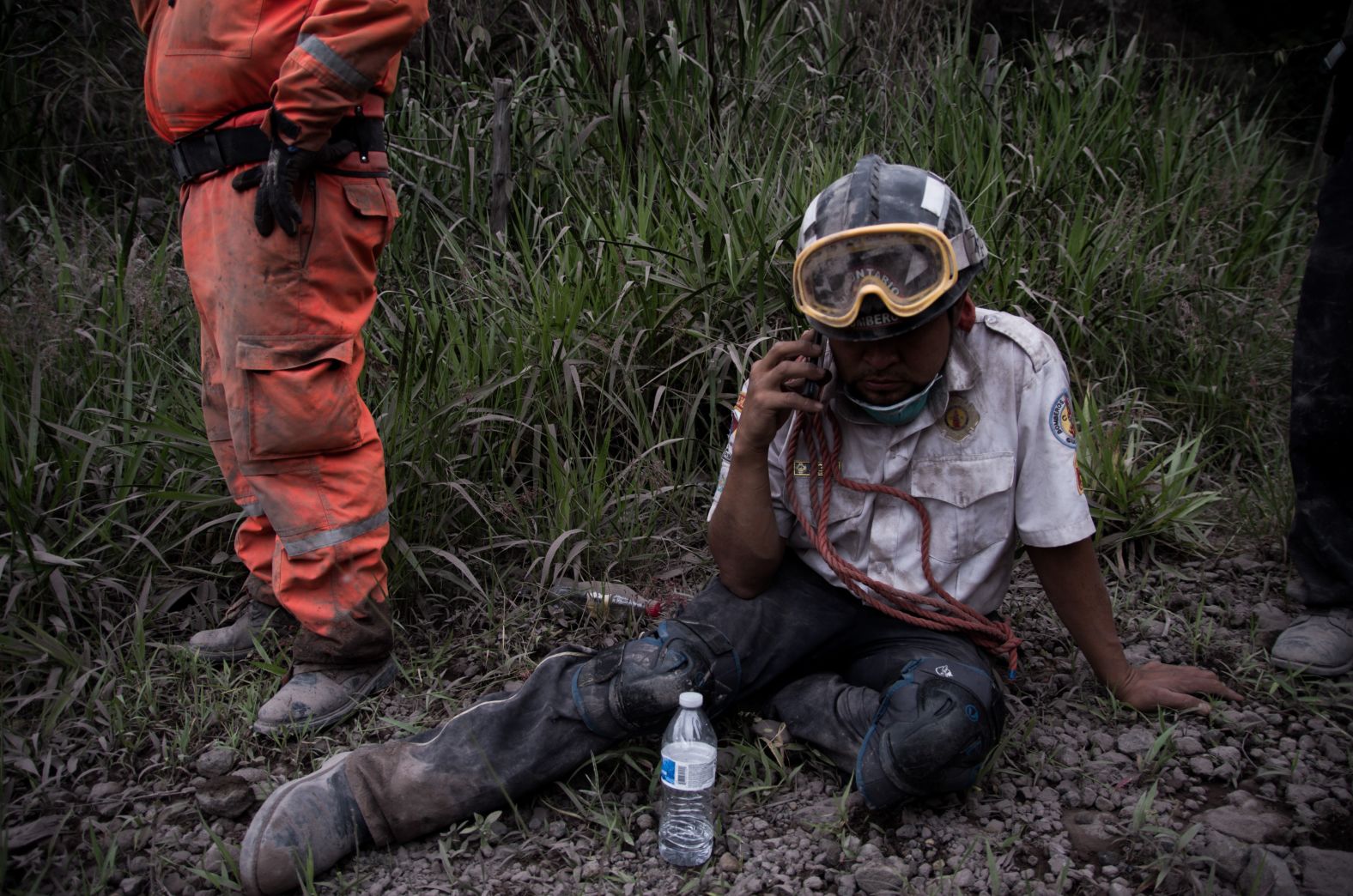 A firefighter rests in the village of El Porvenir.