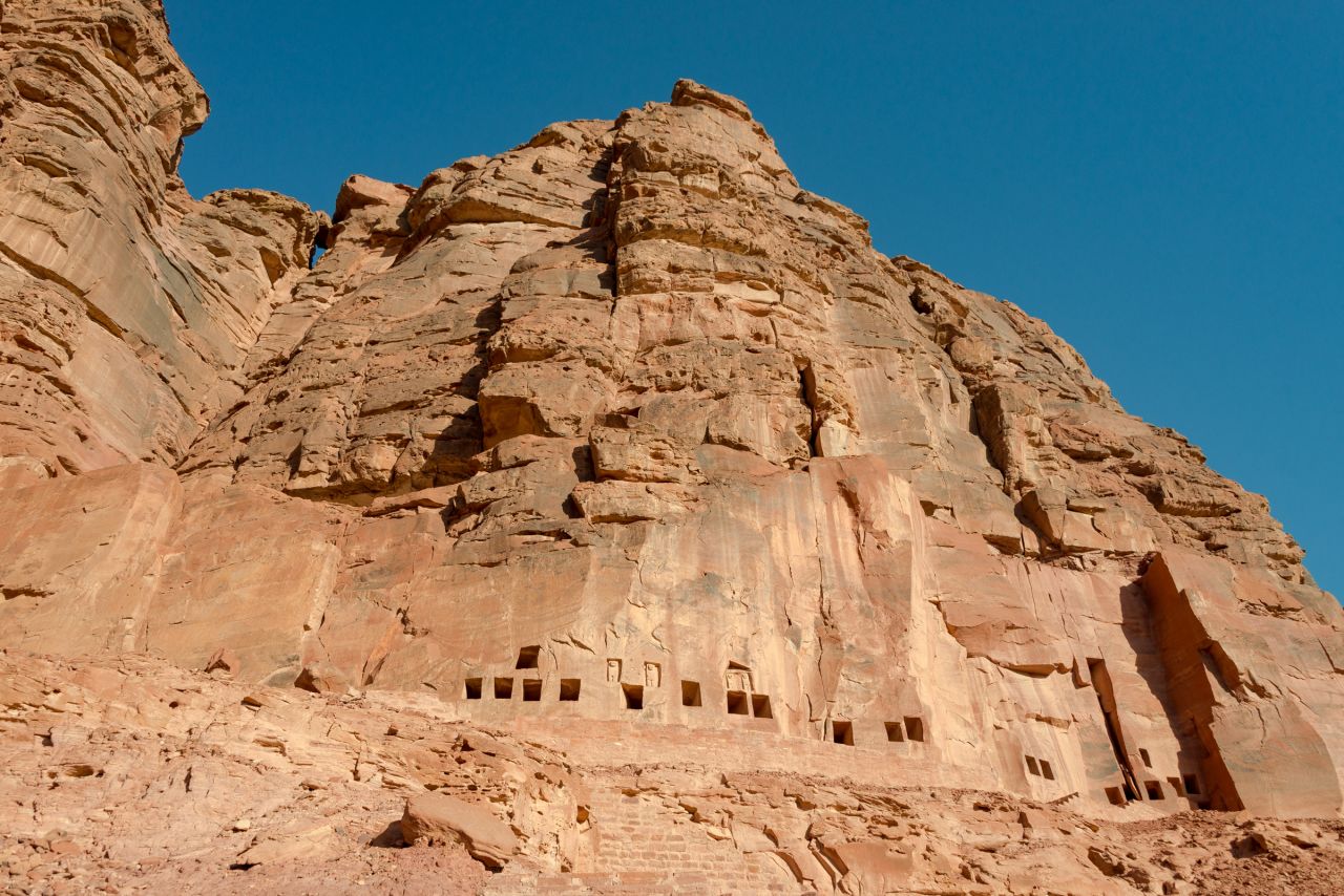 These tombs are carved into cliffs near Dedan -- the first major city built in Al-Ula valley. Now called Al-Khuraybah, Dedan prospered thanks to passing trade in valuable commodities including frankincense, myrrh and precious stones. It had its heyday around 500 BC.