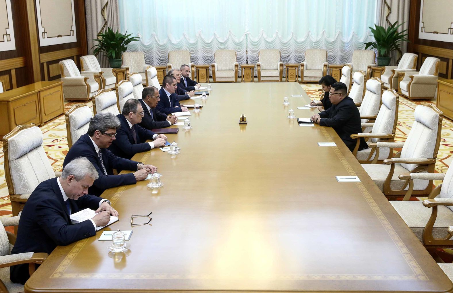 The meeting between the Russians and North Koreans carries on at Kumsusan Palace.