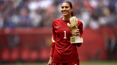 USA goalkeeper Hope Solo poses after winning the Golden Glove in the FIFA Women's World Cup on July 5, 2015, in Vancouver, Canada.