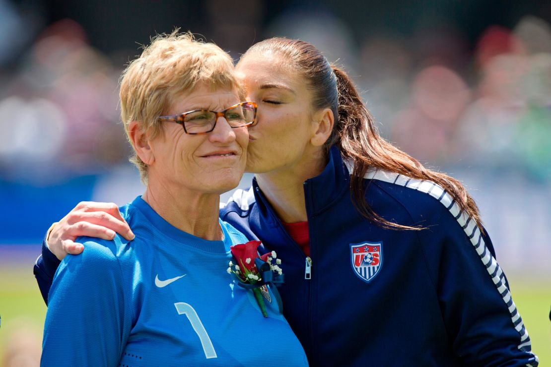 Solo and her mother, Judy Solo, hug on the field prior to introductions on Mother's Day before an international friendly match against Ireland on May 10, 2015. 
