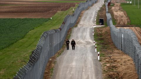 Hungarian soldiers patrol the border with Serbia in April 2018. 