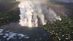 A helicopter view from Monday morning shows lava  entering the ocean at Kapoho Bay. 