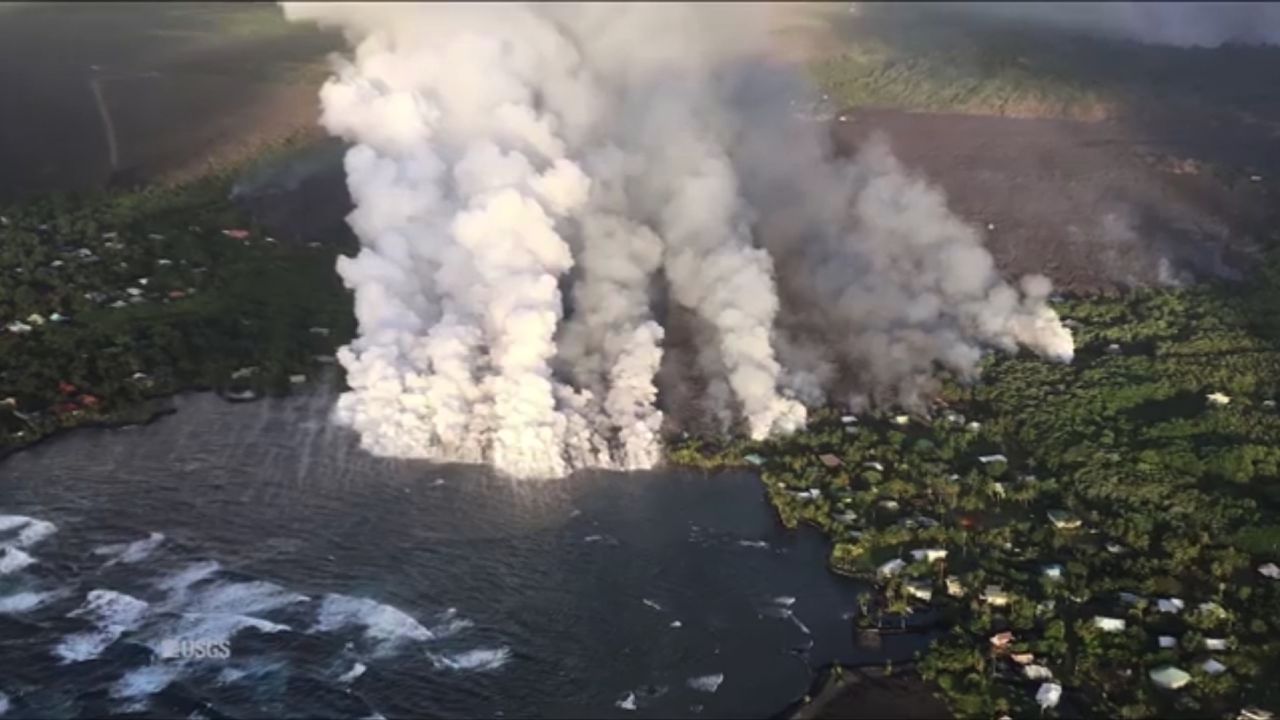 A helicopter view from Monday morning shows lava  entering the ocean at Kapoho Bay. 