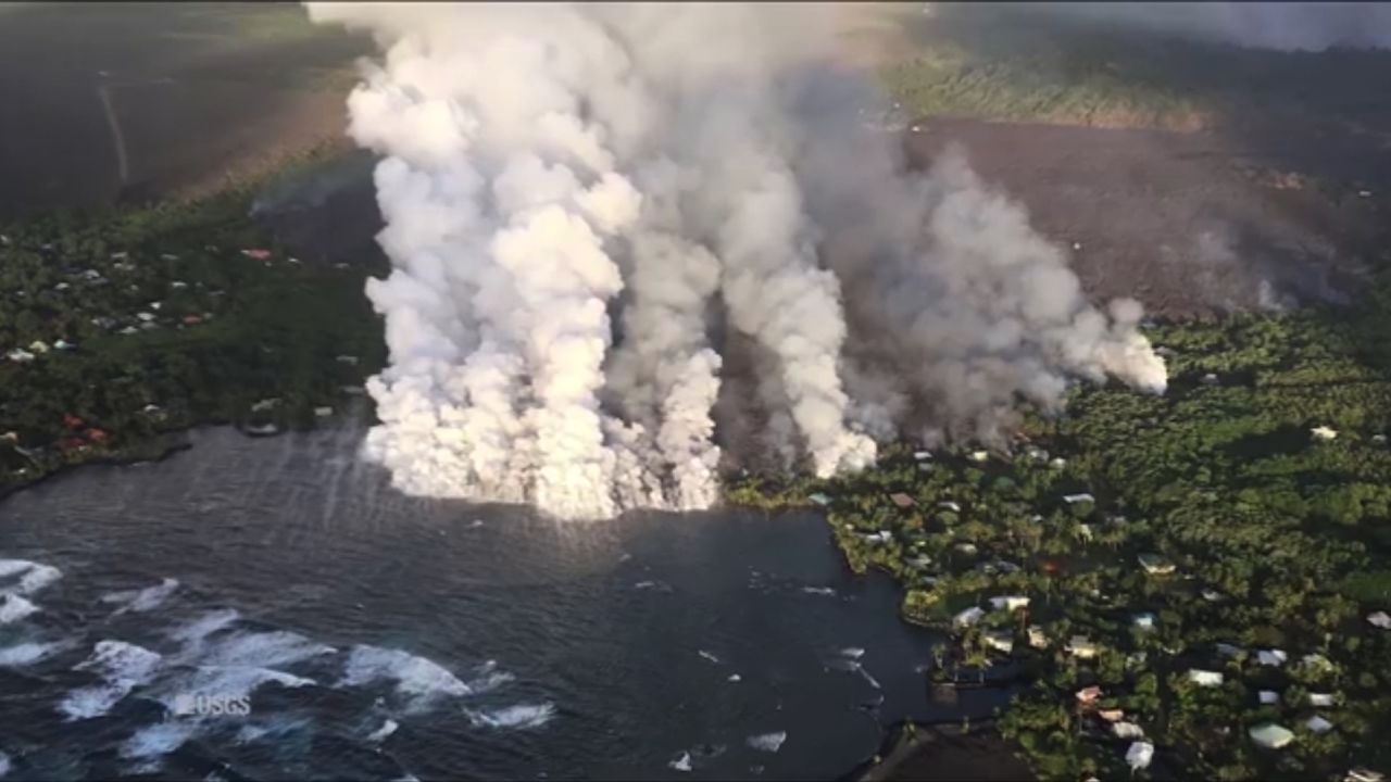 A helicopter view from Monday morning shows lava entering the ocean at Kapoho Bay.