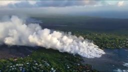 Helicopter overflight on June 4, showed lava from fissure 8 entering the ocean at Kapoho Bay.