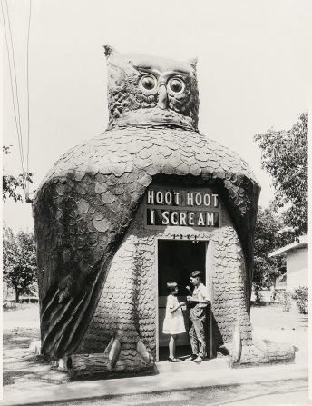 Hoot Hoot I Scream, at 1201 Valley Boulevard in San Gabriel, 1932. "It was built by two women who hired studio construction guys to build it. It didn't do so well in the location where they hastily put it up, so they put it on a flatbed truck, moved it to where a factory was being built, and it stood there for another 70 years."