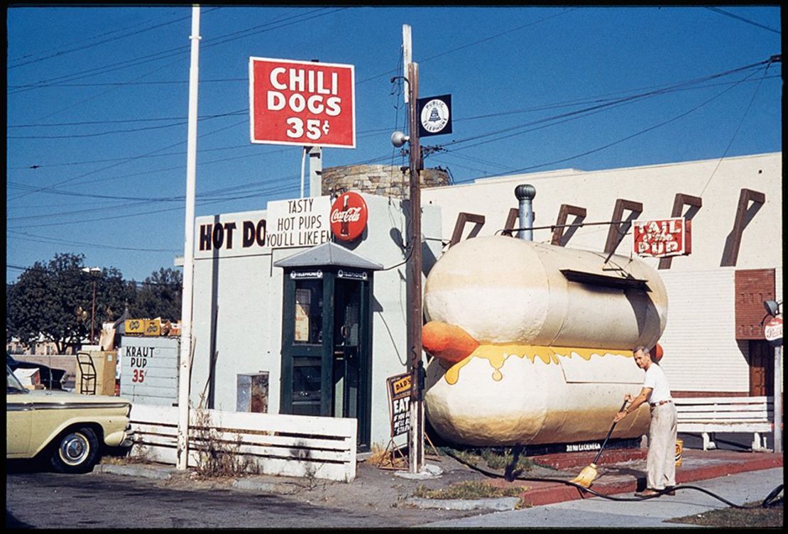 The Tail o' the Pup restaurant in Los Angeles, built in 1959. "This is in storage right now, but it will reappear: it's being restored."