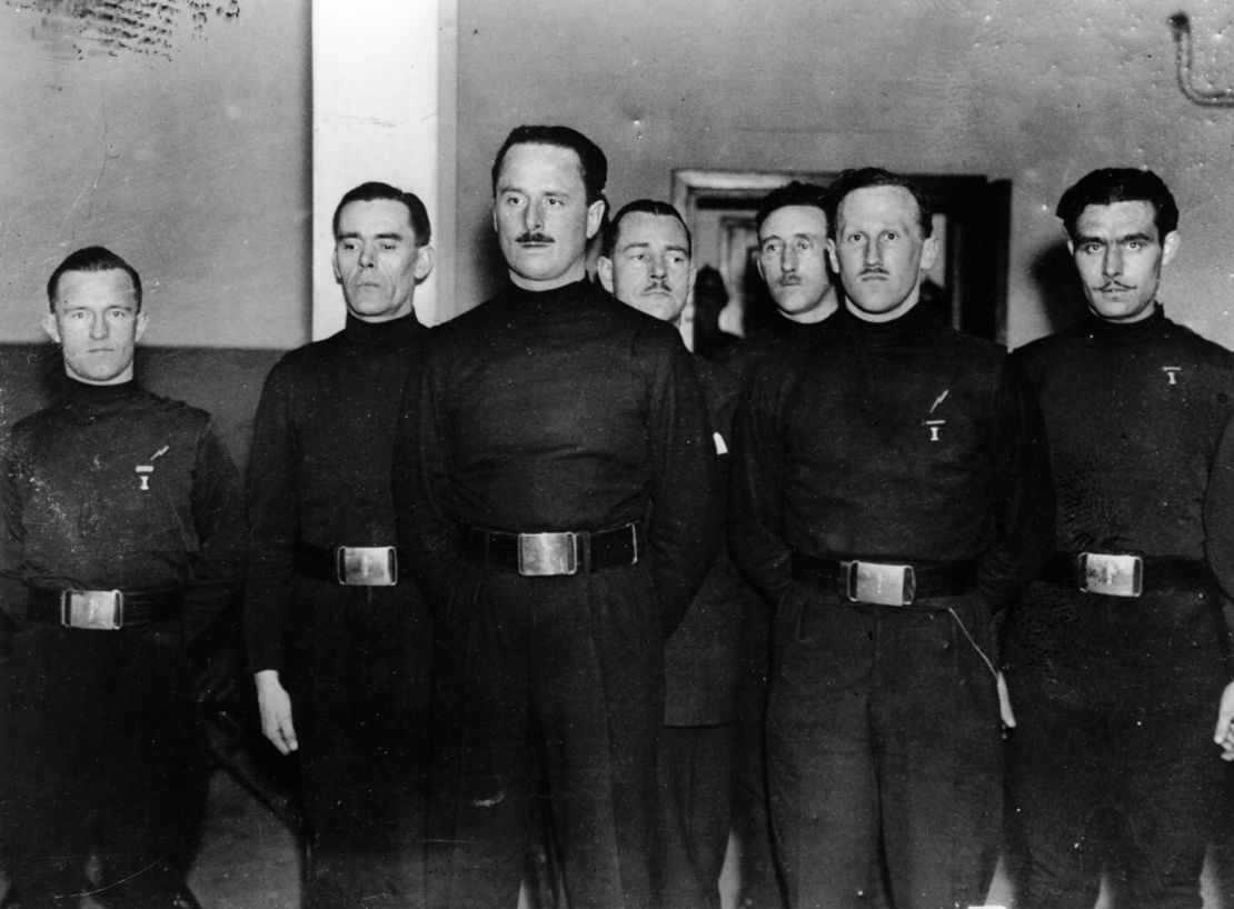 English Leader of the British Union of Fascists Oswald Mosley (1896-1980) with some of his men, including William Joyce (1906-1946), aka Lord Haw Haw (far left).