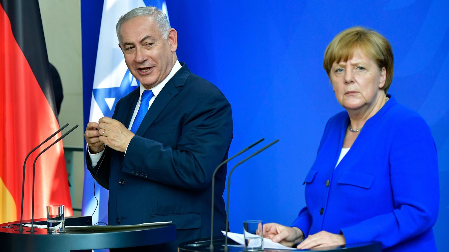 Netanyahu and Merkel address a news conference after meeting at the Chancellery in Berlin on Monday.