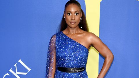 Issa Rae dons a Pyer Moss gown with a belt that includes the song reference "Every N***a Is a Star."