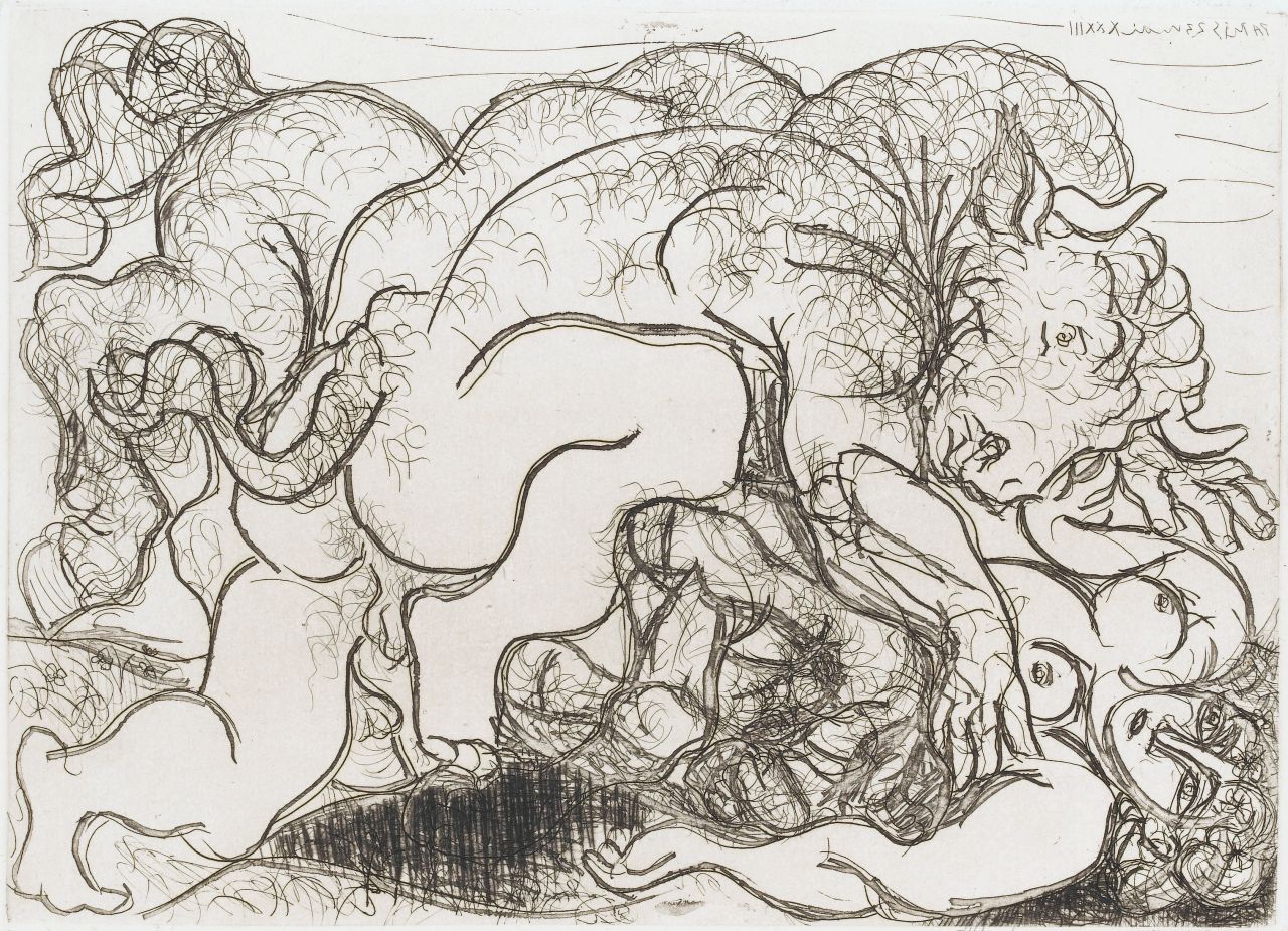 "Minotaur in Love with a Female Centaur" (1933) by Pablo Picasso