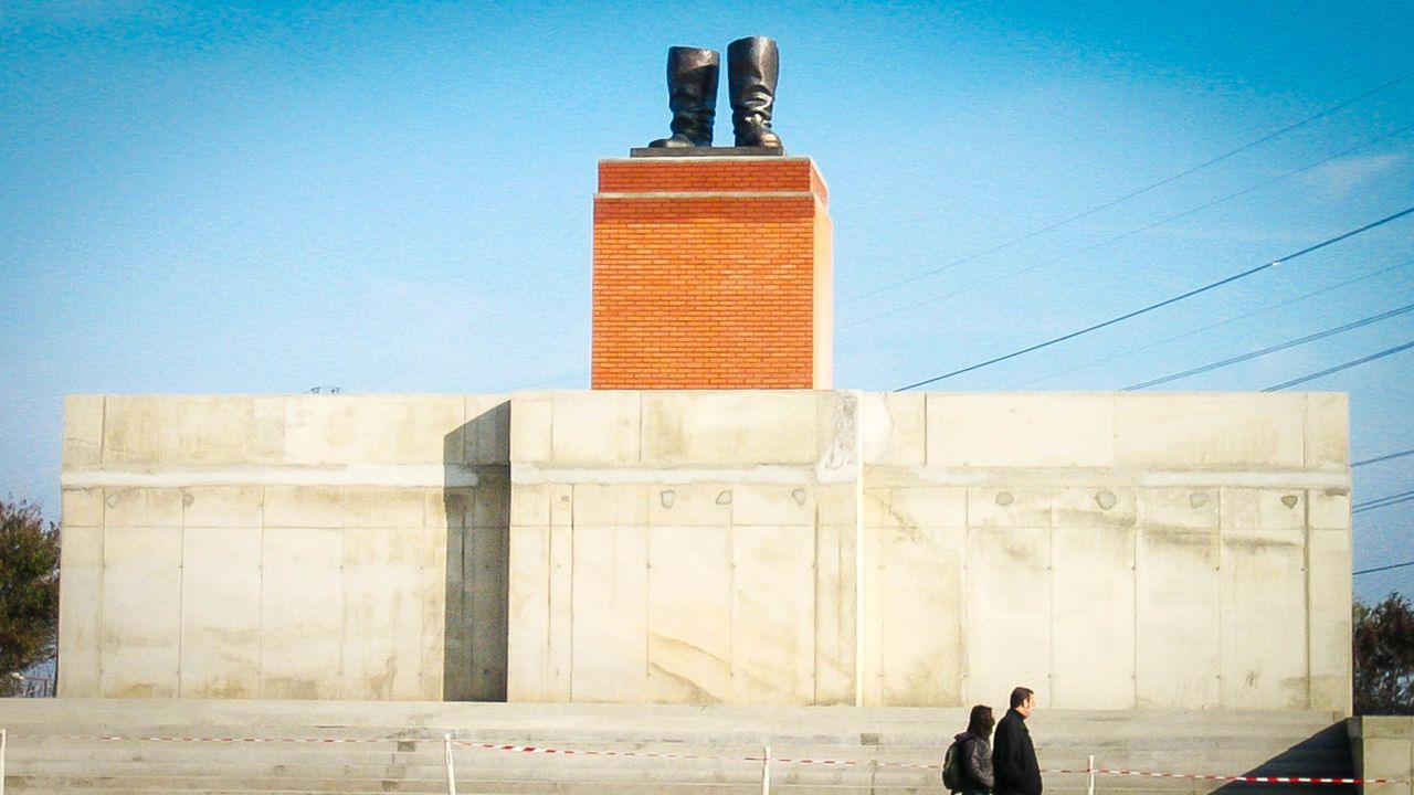 A replica of the Stalin statue, which was torn down, leaving just his boots.