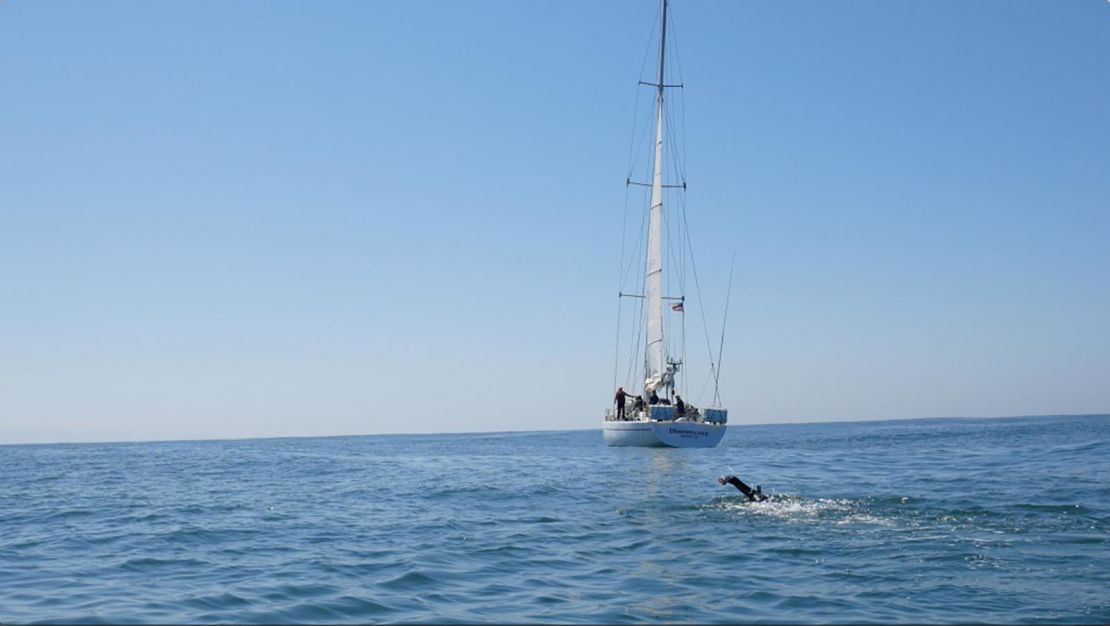 The support sailboat, Discoverer, will accompany Lecomte on his journey